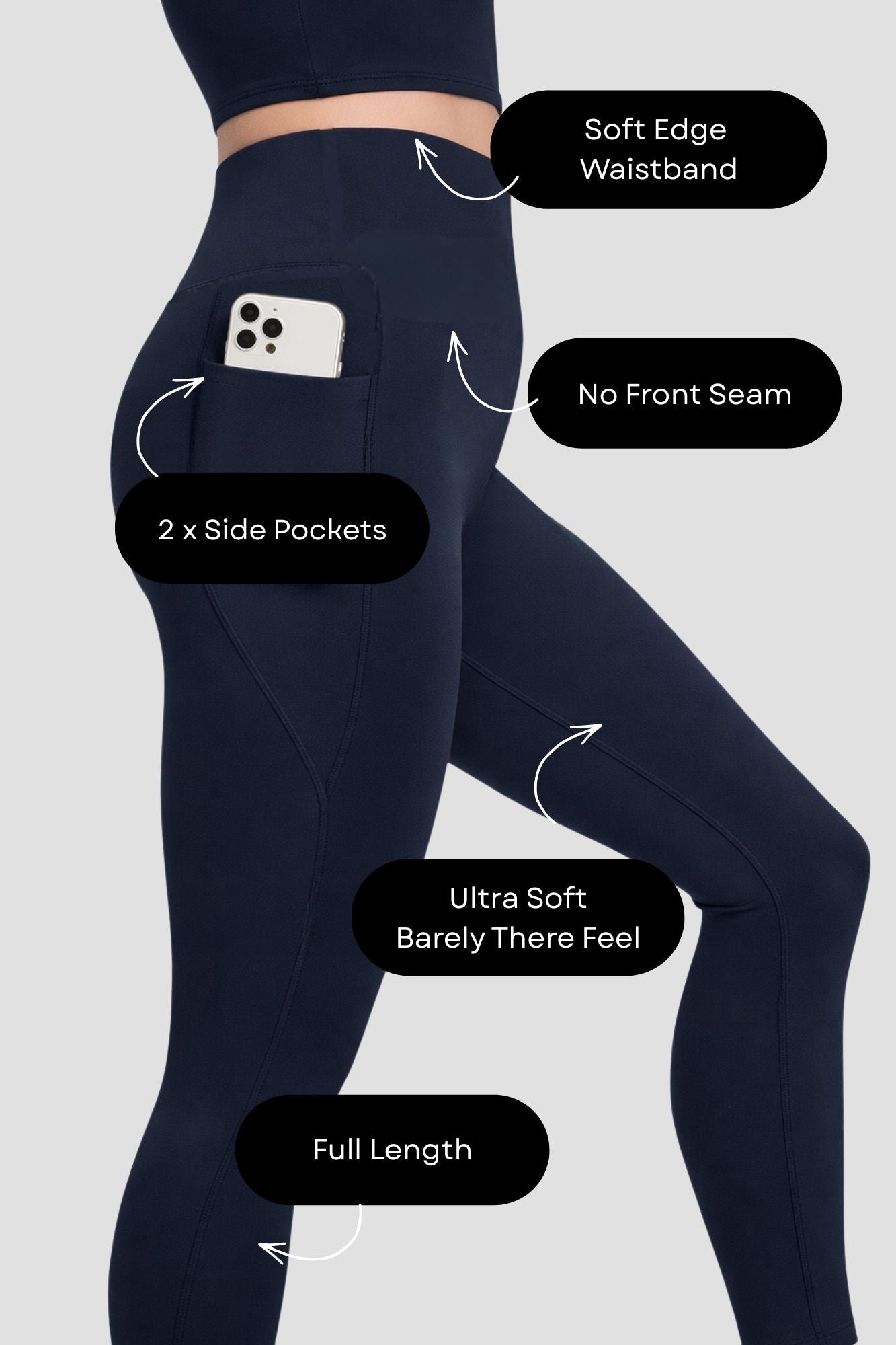 Elevate Side Pocket Full Length Legging Midnight - Born Nouli
