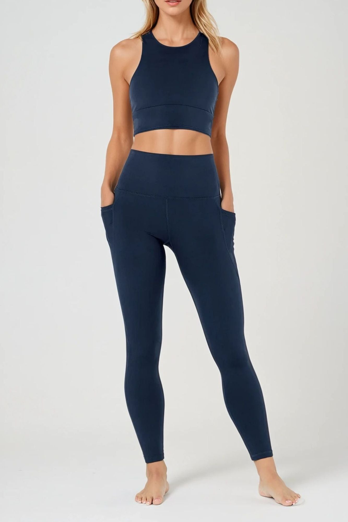 Sculpting High Waisted Full Length Pocket Legging Navy - Born Nouli