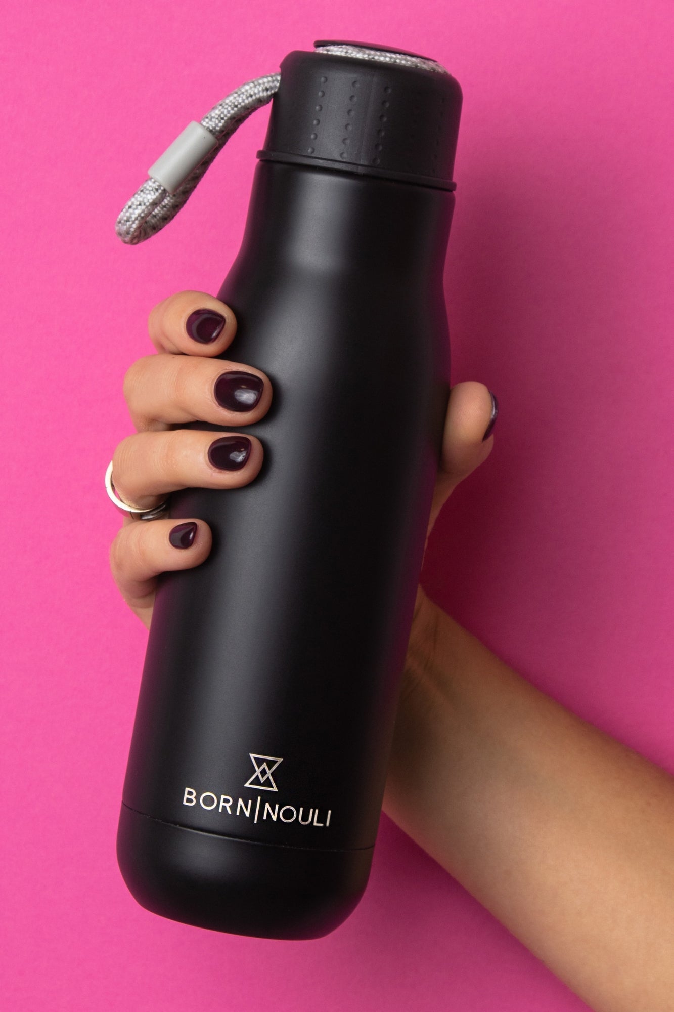 Black Stainless Steel Reusable Water Bottle with Carry Loop – Born