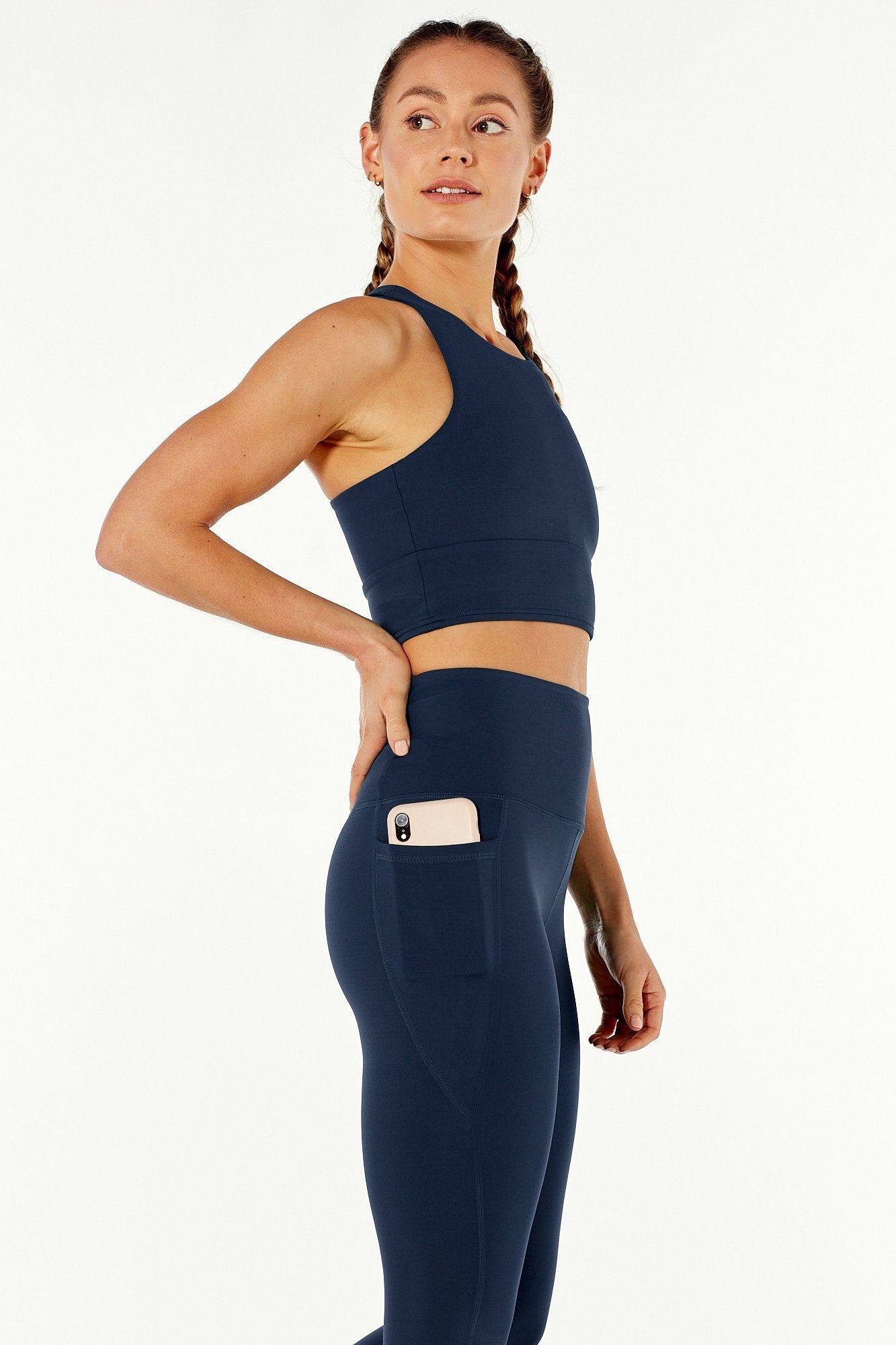 Yelete Women’s High Waist tech pocket workout Leggings Navy Blue Small