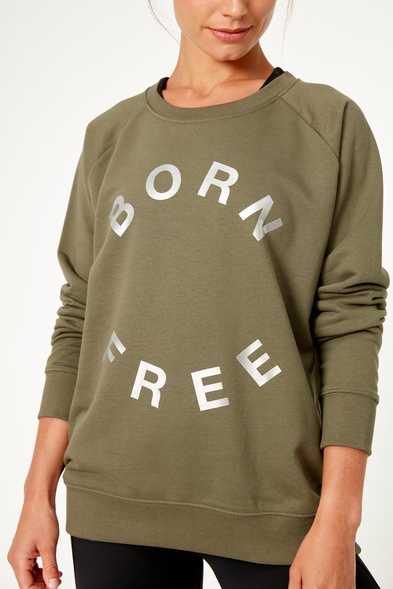 Khaki Green Sweatshirt with Crew Neck and Silver Detail by Born Nouli