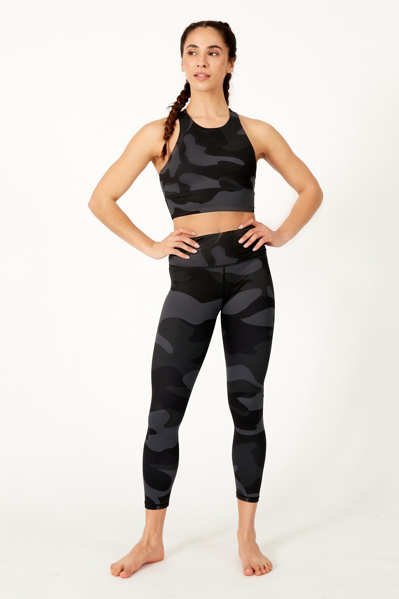 Black Camo Sports Bra with Removable Padding and Full Coverage by Born Nouli